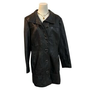 Vintage Black Leather Trench 90s Grunge Moto Goth Fall Red Satin Lining XL